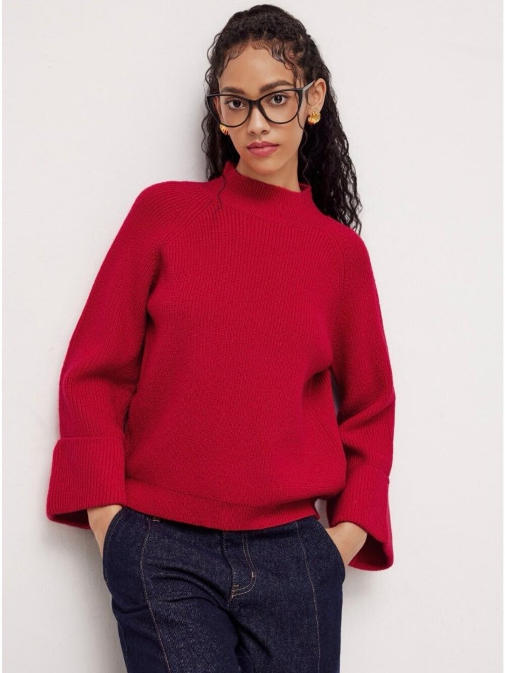 Cupshe Red Bell Sleeve Mock neck sweater XL NWT